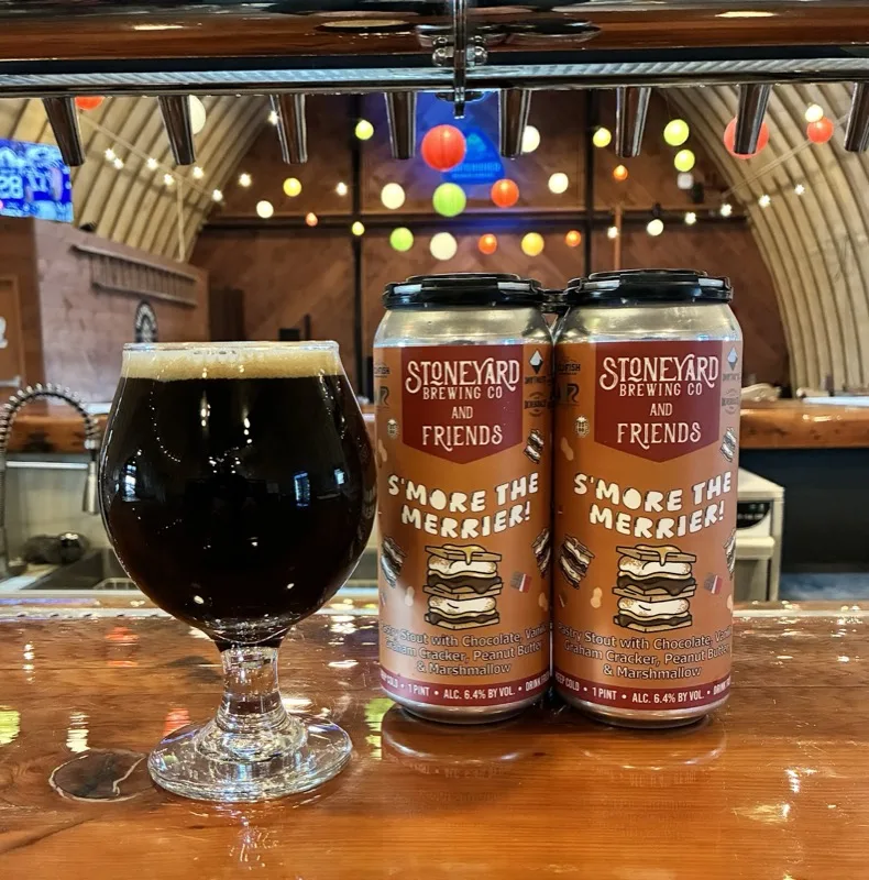S'More the Merrier Pastry Stout collab cans and glass